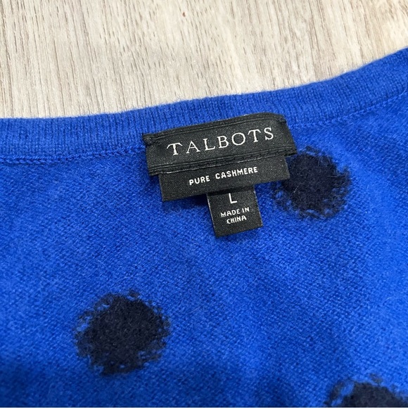 Talbots 100% Pure Cashmere Button Cuff Crewneck Sweater Blue Black Dots Size L - Picture 4 of 7